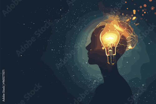 Silhouette of Human Head Launching Glowing Lightbulb, Representing Successful Ideation and Startup Launch