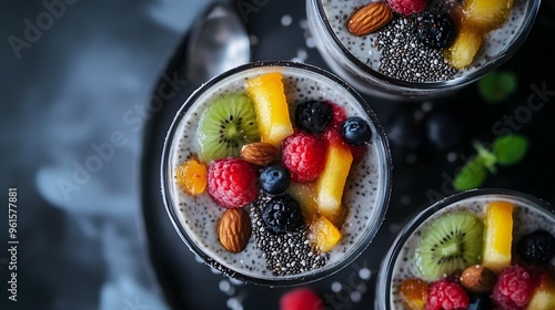 Fototapeta Naklejka Na Ścianę i Meble -  Chia pudding topped with fresh fruits and nuts, brain-stimulating dessert, healthy and satisfying.