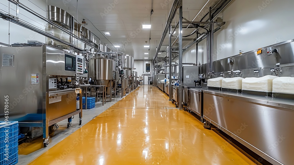 A modern factory production line with stainless steel equipment and a yellow floor, highlighting efficiency and cleanliness. A modern factory production line with stainless steel equipment and a yellow floor, highlighting efficiency and cleanliness.
