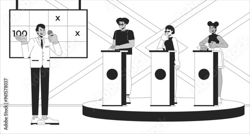 Game show on TV black and white line illustration. Host microphone, participants behind push buzzers 2D characters monochrome background. Entertainment gameshow broadcasting outline vector image