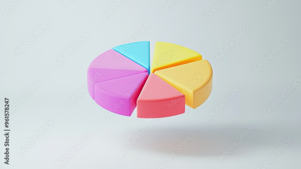 Obraz premium 3D pie chart with vibrant segments floating in mid-air, set against a white minimalist background