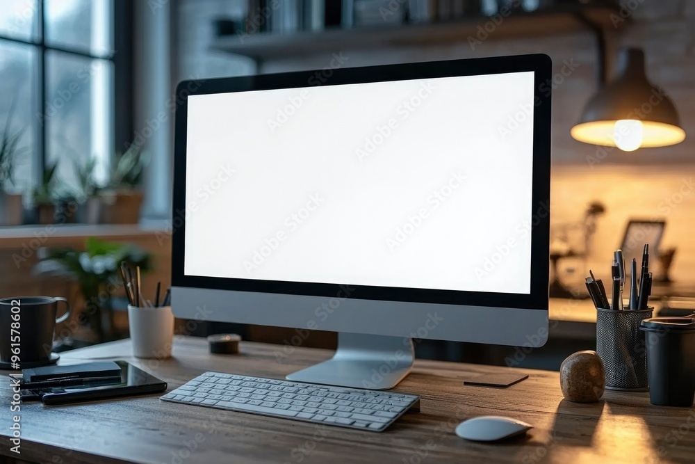 Blank Computer Screen on Wooden Desk with Accessories Blank Computer Screen on Wooden Desk with Accessories