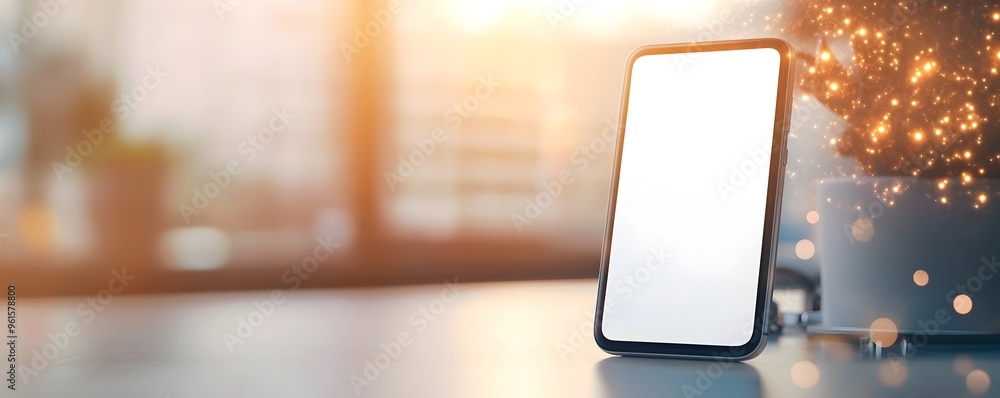 Hand Holding Smartphone with Blurred Bokeh Lights - Close-up of blank screen phone for app interface design Hand Holding Smartphone with Blurred Bokeh Lights - Close-up of blank screen phone for app interface design