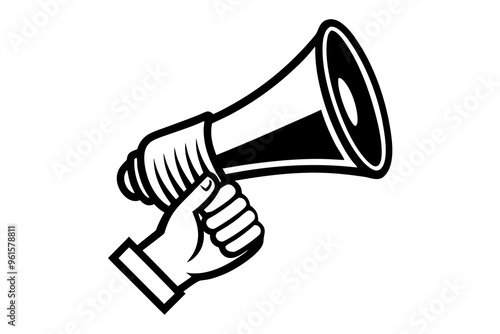 Hand-holding megaphone bullhorn silhouette isolated on a white background 
