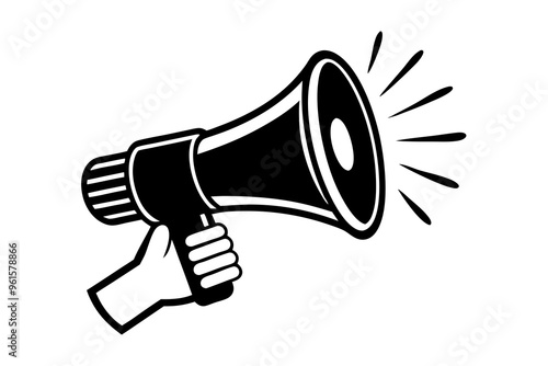 Hand-holding megaphone bullhorn silhouette isolated on a white background 
