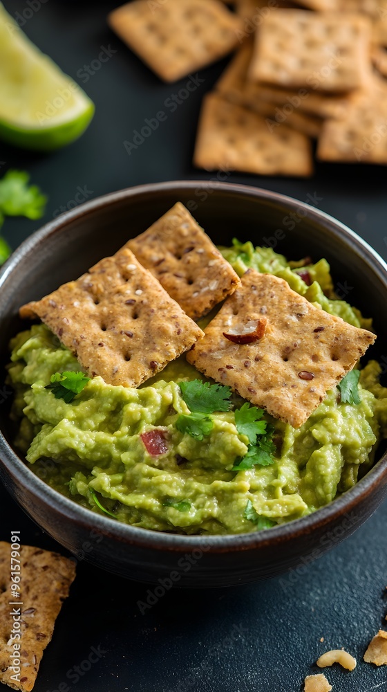Bowl of fresh guacamole with a side of whole grain crackers, brain-boosting snack, healthy and delicious. Bowl of fresh guacamole with a side of whole grain crackers, brain-boosting snack, healthy and delicious.