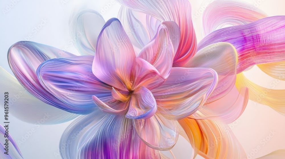 3D surreal flower art with flowing, curved lines and transparent plastic in a combination of pink, purple, and yellow. 3D surreal flower art with flowing, curved lines and transparent plastic in a combination of pink, purple, and yellow.