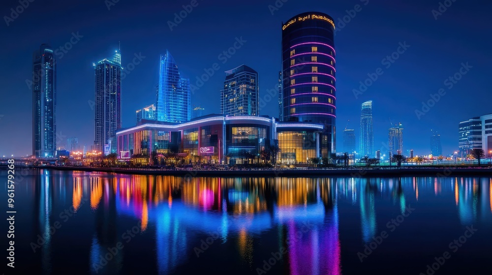 Obraz premium A beautiful night shot of Festival City in Dubai, featuring the Hotel Crowne Plaza and Hotel Intercontinental illuminated in the skyline.