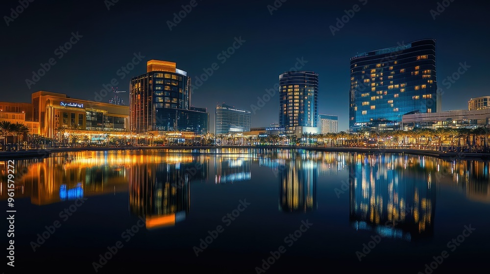 Obraz premium A beautiful night shot of Festival City in Dubai, featuring the Hotel Crowne Plaza and Hotel Intercontinental illuminated in the skyline.
