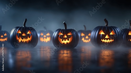 Spooky Halloween Pumpkin Lanterns Glowing in Mysterious Darkness photo