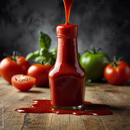 Red ketchup splashes on ketchup bottle, Created by Generative Ai  photo