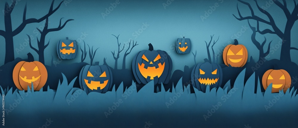A spooky Halloween scene with glowing jack-o'-lanterns amidst dark silhouettes of trees. A spooky Halloween scene with glowing jack-o'-lanterns amidst dark silhouettes of trees.