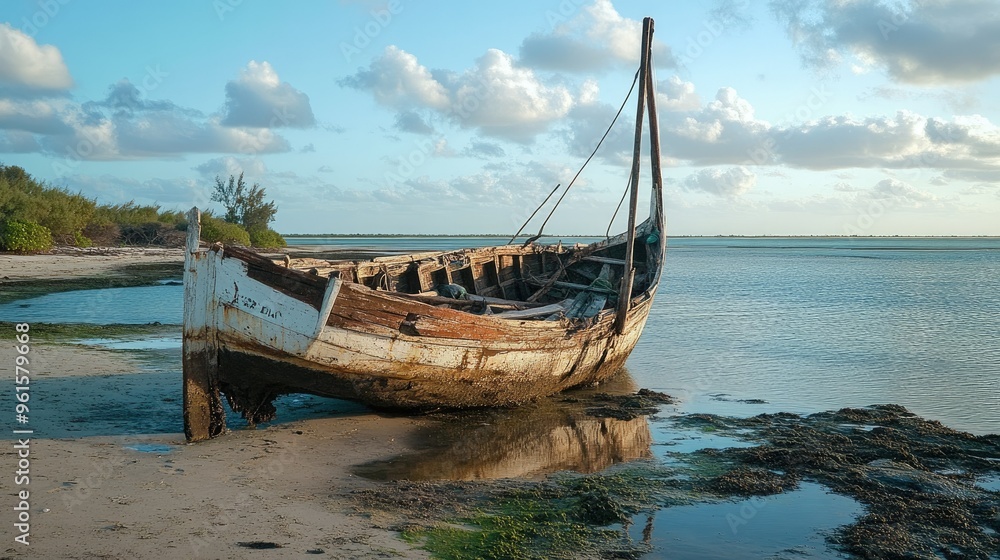 A dhow moored by the shore, its weathered wood telling stories of years spent fishing and transporting goods. A dhow moored by the shore, its weathered wood telling stories of years spent fishing and transporting goods.