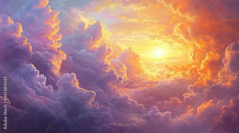 A dramatic sky painted with the colors of dawn, as the sun's rays reflect off massive, steaming clouds. A dramatic sky painted with the colors of dawn, as the sun's rays reflect off massive, steaming clouds.