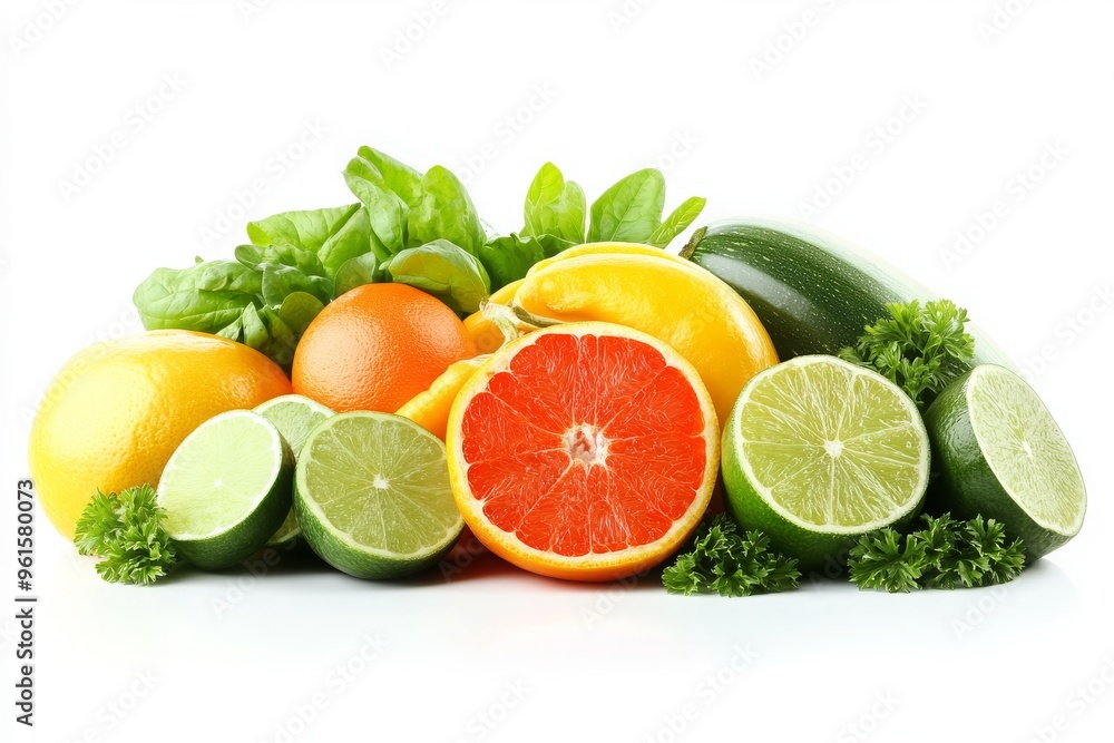 Citrus Fruits and Green Vegetables on a White Background Citrus Fruits and Green Vegetables on a White Background