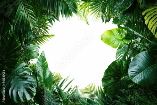 A lush frame of tropical green leaves surrounding a blank white space