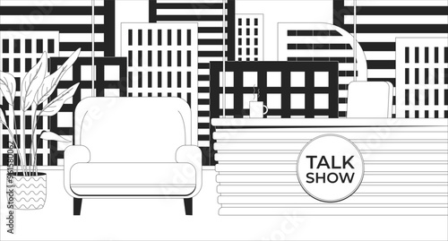 Talk show studio black and white line illustration. Entertainment talkshow room with desk and armchair for guest. Television program 2D interior monochrome backdrop. Channel TV outline vector