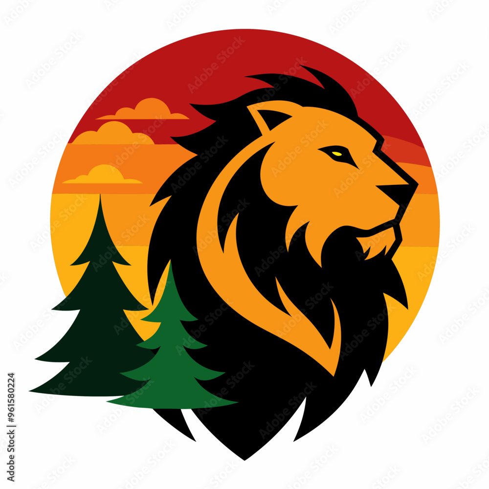Lion head with pine trees and mountains sunset logo Lion head with pine trees and mountains sunset logo