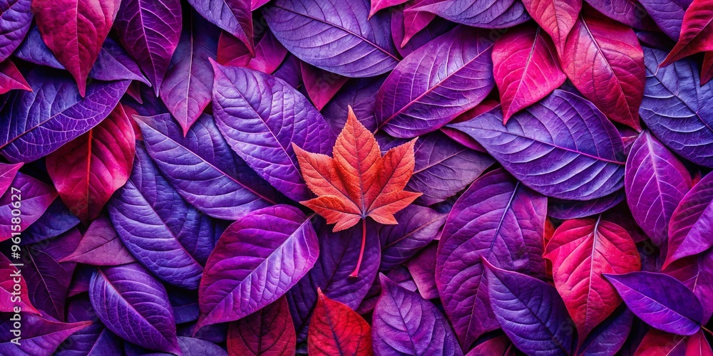 Vibrant purple leaves contrast with a single striking red leaf below in a stunning natural composition Vibrant purple leaves contrast with a single striking red leaf below in a stunning natural composition