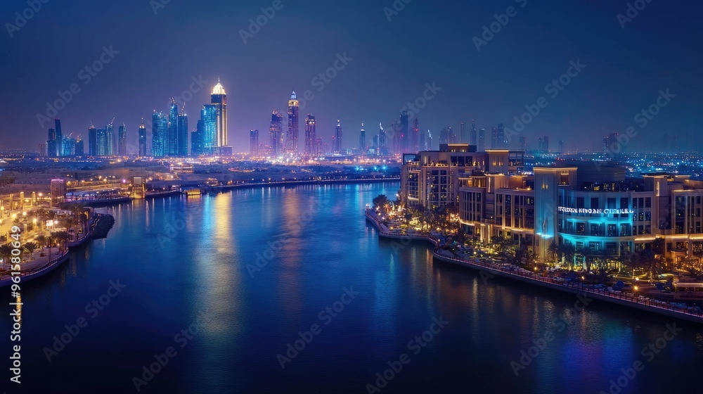 A panoramic night view of Festival City in Dubai, with the Hotel Crowne Plaza and Hotel Intercontinental lit up along the skyline. A panoramic night view of Festival City in Dubai, with the Hotel Crowne Plaza and Hotel Intercontinental lit up along the skyline.