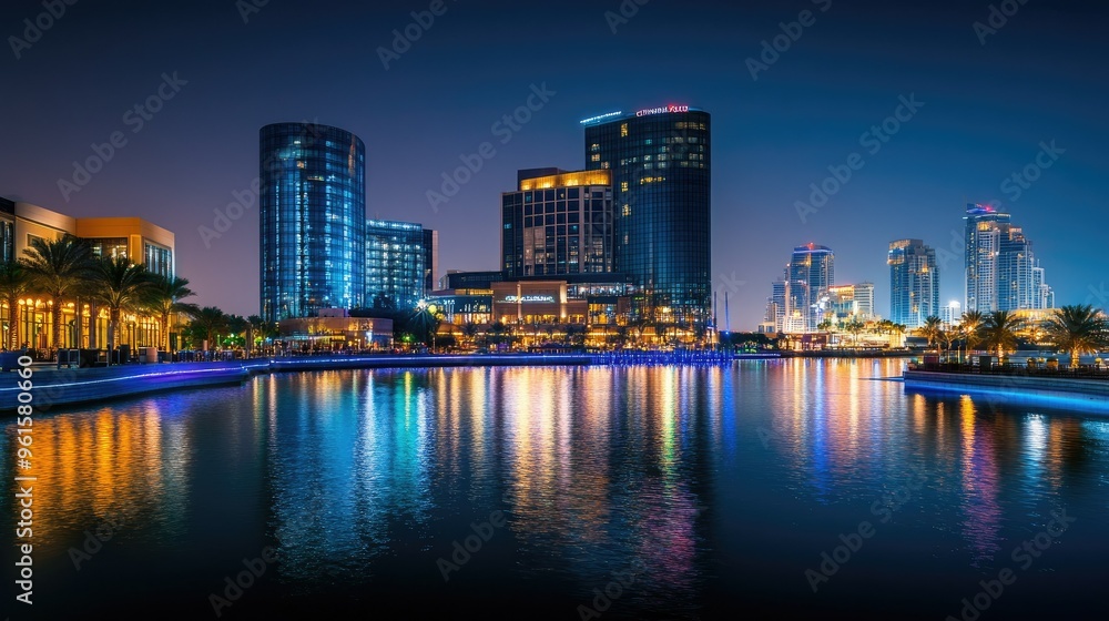 Naklejka premium A panoramic night view of Festival City in Dubai, with the Hotel Crowne Plaza and Hotel Intercontinental lit up along the skyline.