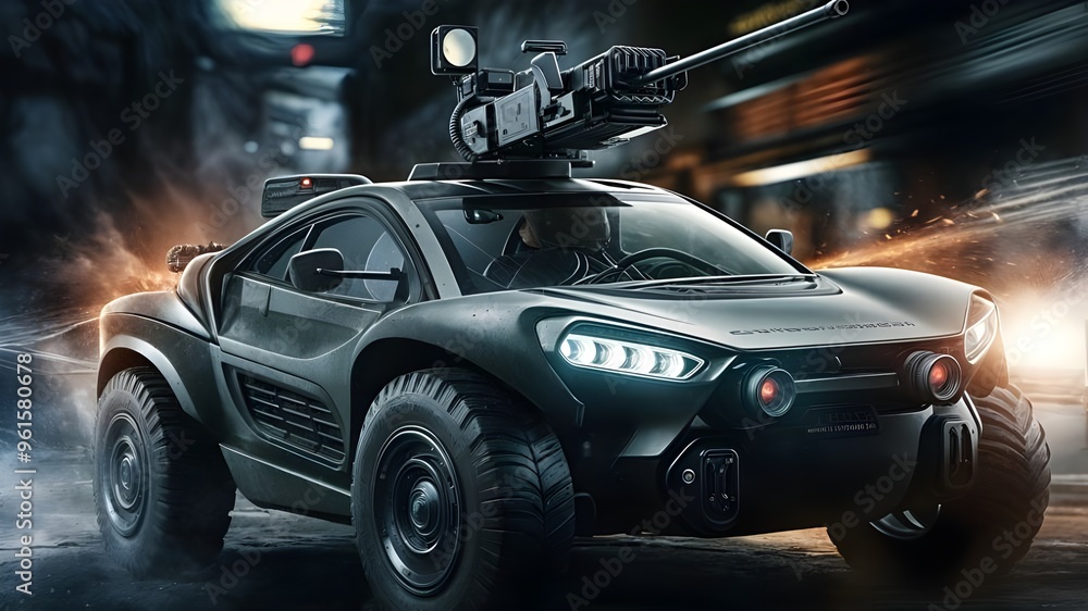 A military vehicle with a gun on the front and the word army on the side. A military vehicle with a gun on the front and the word army on the side.