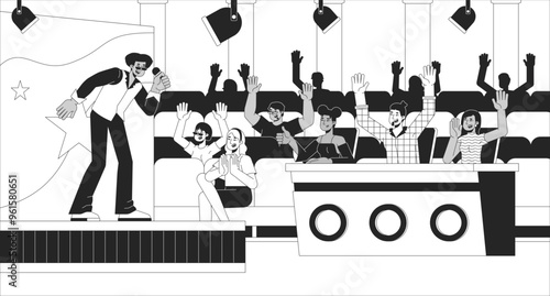 TV talent show black and white line illustration. Latino participant singing on spotlights stage for judges 2D characters monochrome background. Singer audition on television outline vector image