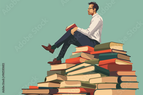 Smart Man Sitting on Pile of Books, Reading with Smart Gadgets Turned Off for Digital Detox