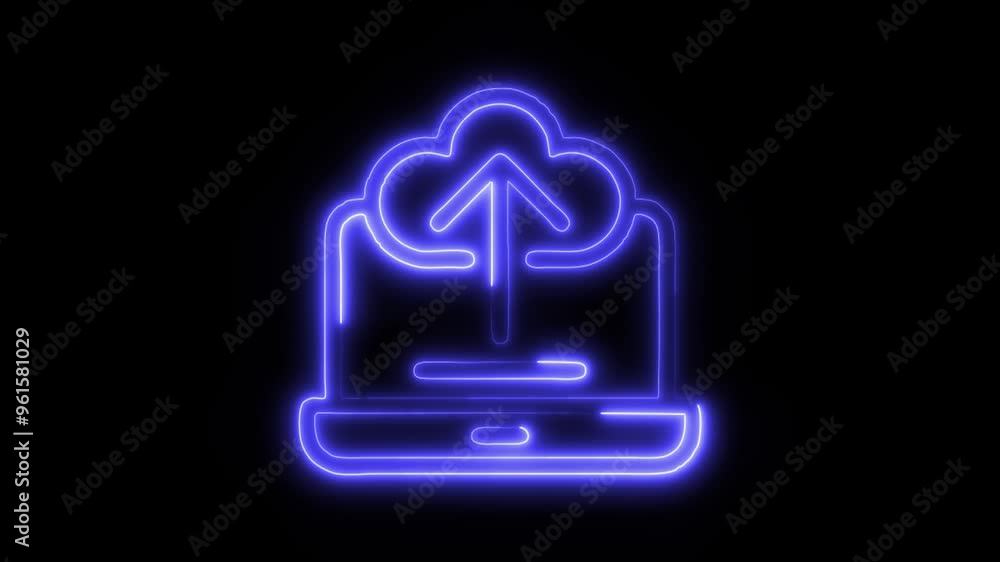 Neon Cloud Upload Icon Video HD - Glowing Laptop with Cloud and Arrow Icon on Black Background Representing Modern High-Tech Data Transfer and Cloud Computing Neon Cloud Upload Icon Video HD - Glowing Laptop with Cloud and Arrow Icon on Black Background Representing Modern High-Tech Data Transfer and Cloud Computing