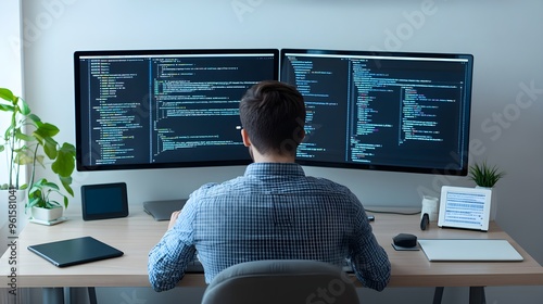 Programmer integrating API with website on a dual monitor setup, efficient web development process, advanced coding. photo