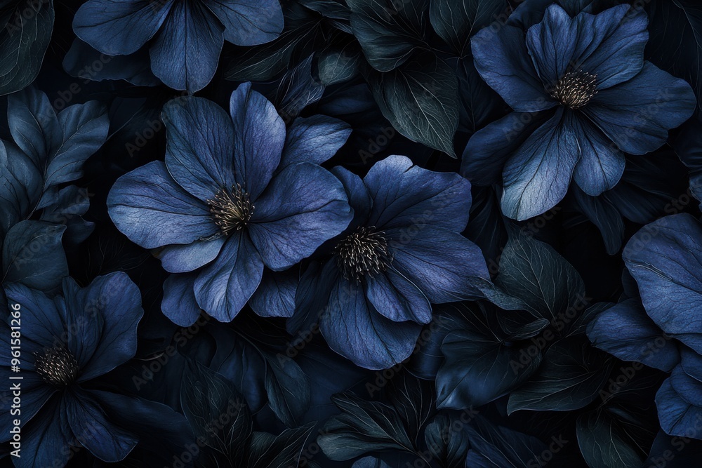 elegant dark blue flowers with lush green leaves in a moody botanical composition dark background