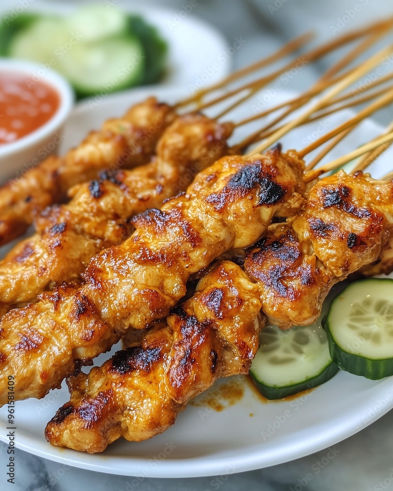 A Plate of Grilled Chicken Satay Skewer with Cucumber and Spicy Sauce A Plate of Grilled Chicken Satay Skewer with Cucumber and Spicy Sauce