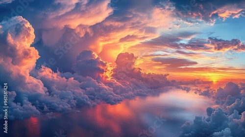 A sky filled with steaming cumulonimbus clouds, reflecting the vibrant colors of a dramatic sunrise.