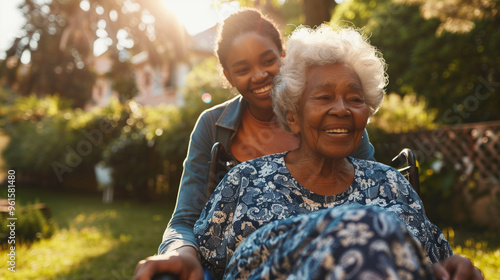 Happy nurse caring for elderly woman in a wheelchair. Young female pushing senior retirement nursing home patient in a wheelchair outdoors in a garden 