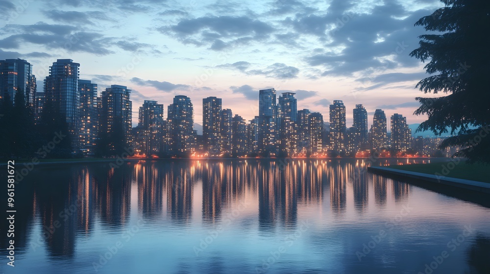 Obraz premium City skyline at dusk with glowing skyscrapers reflecting on a calm river, urban glowtime, serene and modern.