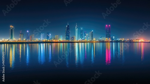 A stunning nighttime view of Manama, Bahrain, with the modern skyline glowing brightly along Bahrain Bay.