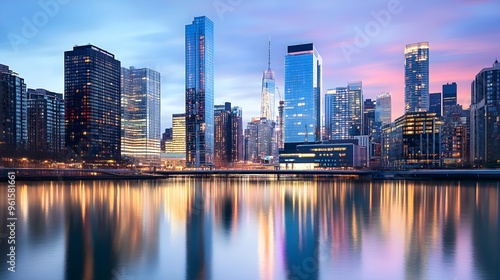 City skyline at dusk with glowing skyscrapers reflecting on a calm river, urban glowtime, serene and modern.