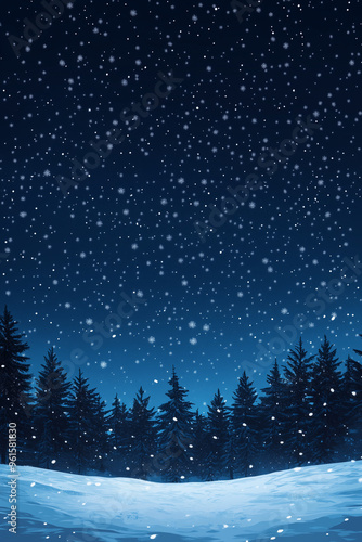 winter night landscape in snowy pine forest with starry sky