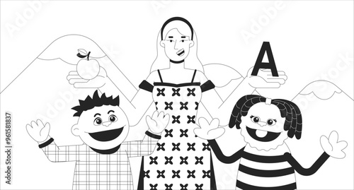 Kids show on TV black and white line illustration. Woman and puppets children 2D character monochrome background. Puppetry entertainment on television. Funny educational program outline vector image