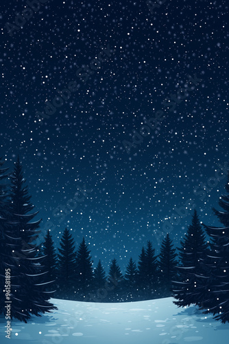 winter night landscape in snowy pine forest with starry sky