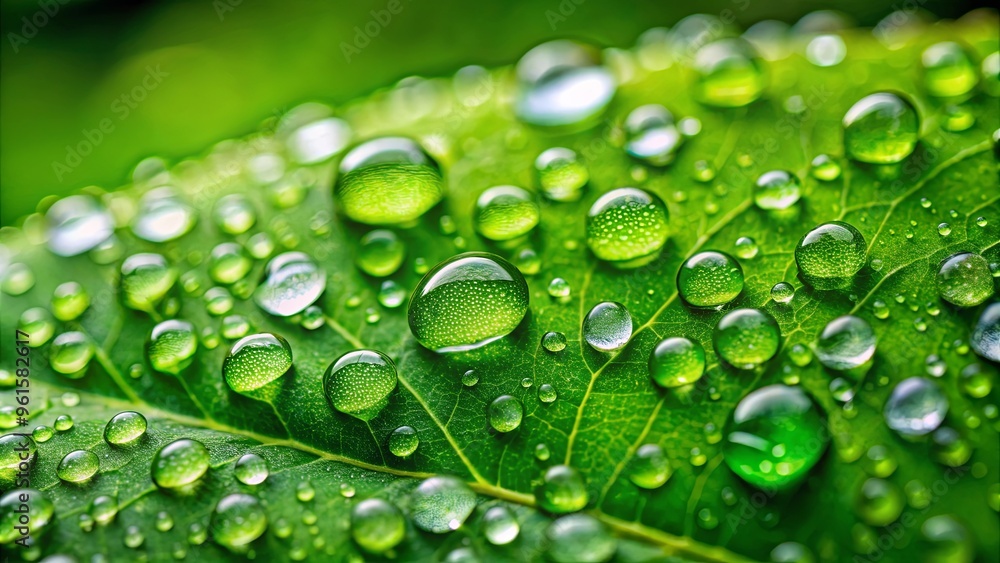 Close-up shot of a green leaf covered in water droplets, with a blurred background of foliage Close-up shot of a green leaf covered in water droplets, with a blurred background of foliage