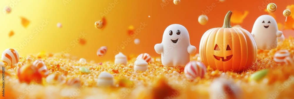 Happy Halloween Ghost and Jack-o'-Lantern with Candy Happy Halloween Ghost and Jack-o'-Lantern with Candy
