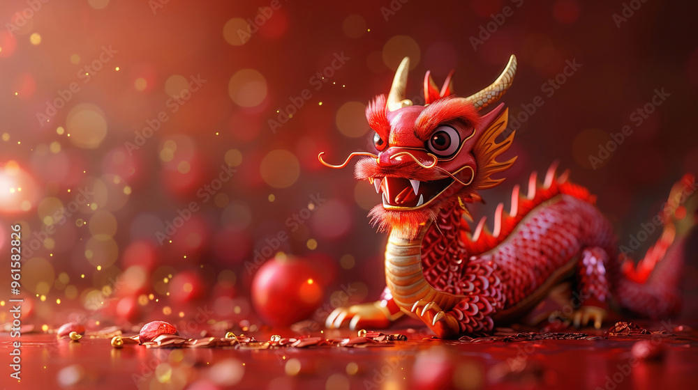 Chinese New Year Dragon in red background, copy space Chinese New Year Dragon in red background, copy space