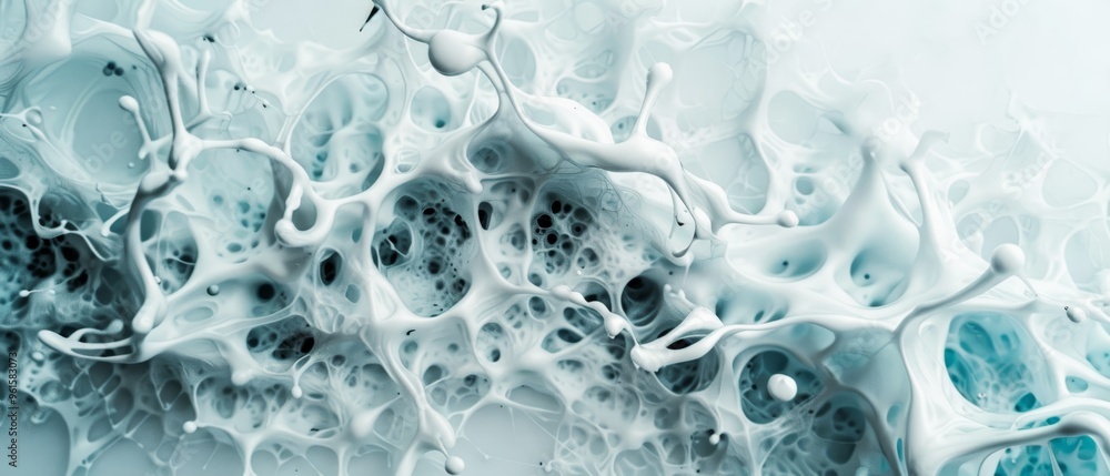 A blue-and-white abstract painting features a side with abundant white paint sprinkles against a black-and-white background A blue-and-white abstract painting features a side with abundant white paint sprinkles against a black-and-white background