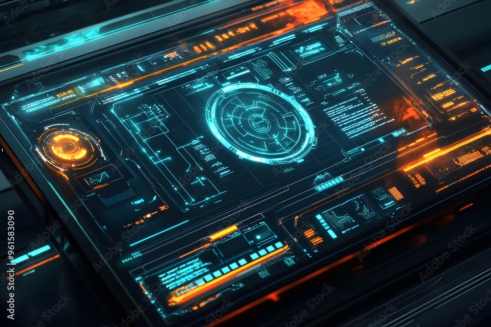 Futuristic Interface with Glowing Blue and Orange Lines and Circles Futuristic Interface with Glowing Blue and Orange Lines and Circles