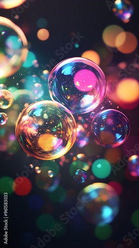 Glowing rainbow-colored bubbles floating in a dark space, playful glowtime, joyful and whimsical.