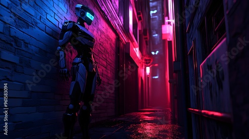 A glowing robot standing in a dark alley, futuristic and mysterious, robotic glowtime, sci-fi inspired. photo