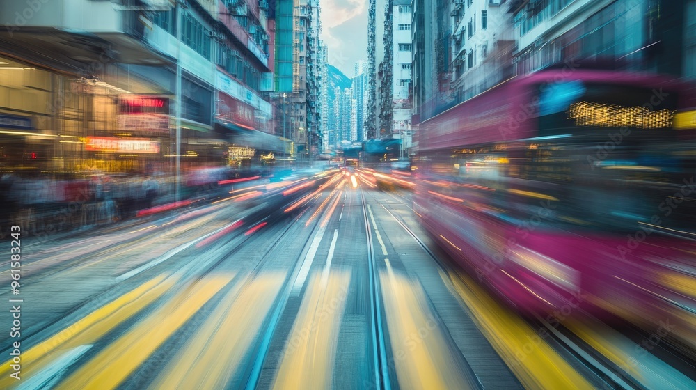 Abstract image of blurred traffic in Hong Kong's city center, with Chinese road markings creating a sense of motion. Abstract image of blurred traffic in Hong Kong's city center, with Chinese road markings creating a sense of motion.