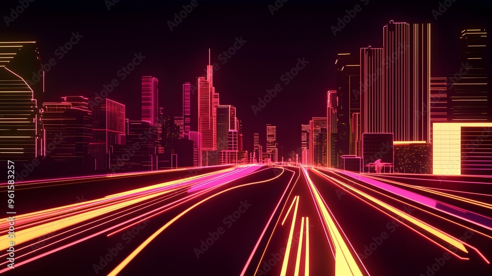 Glowing neon lines tracing the outline of a cityscape, abstract glowtime, modern and energetic. Glowing neon lines tracing the outline of a cityscape, abstract glowtime, modern and energetic.