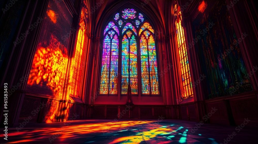 Obraz premium Glowing stained glass windows in a dark cathedral, capturing the light in vibrant colors, sacred glowtime, spiritual and majestic.